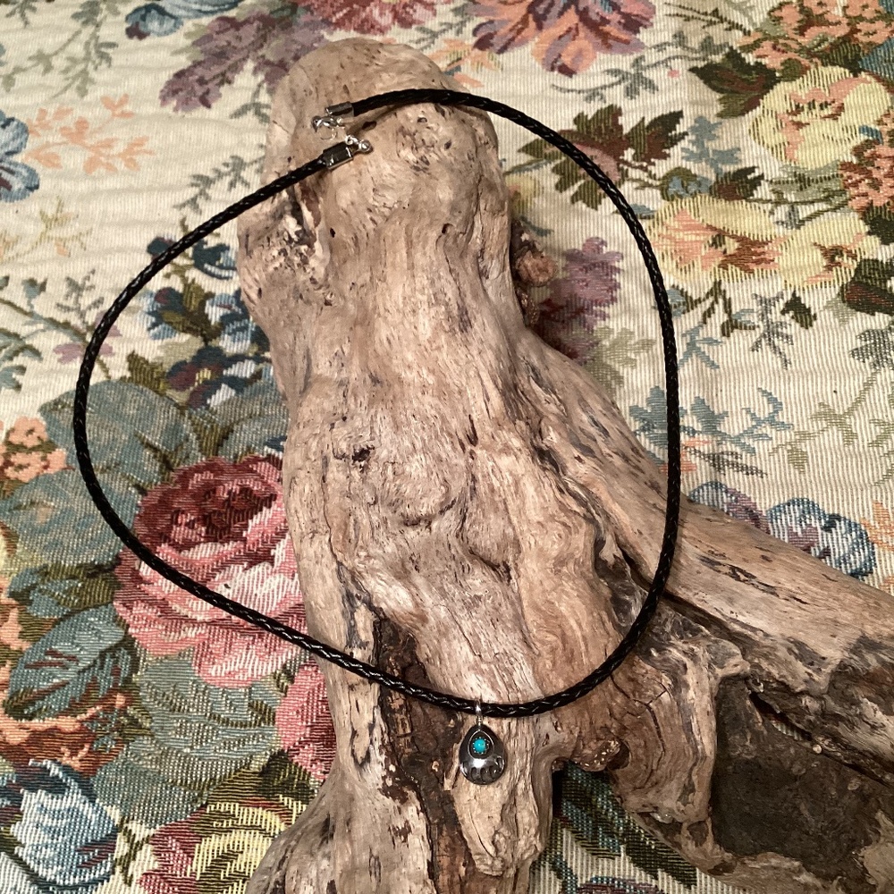 Black Braided Leather Cord 925 Bear Claw Turquoise Pendant Necklace 20”